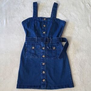 Derek Heart Denim Button Front Mini Dress M Belted Pocket Boho Y2K Festival Chic